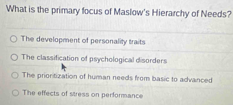 What is the primary focus of Maslow's Hierarchy of Needs?
The development of personality traits
The classification of psychological disorders
The prioritization of human needs from basic to advanced
The effects of stress on performance