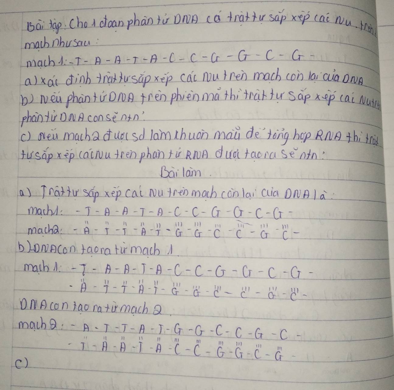 Bai tàp: (hoi doan phān fù onn cǎ tràttu sap xep (ai Nu. fen
machnhusau:
mach1: -T-A-A-T-A-C-C-G-C-G-C-G-C-G-
a)xái dinb traiusūpxep cai nou tren mach con lai ciaon
b) Neu phàn +ùONA tren phiènmàthi`tràfusāp xep (ai Nui
phan fir DNAconsen+n?
() ovei mach a duosd lam xhuon mau de tòng hop RnA thi trà
fusápxep (aiNu tren phan fù RNA duà facrasentn?
Bai lam.
a) Trattu sáp xep cai Nu trén mach càn lai cia Dnla
mach1: -T-A-A-T-A-C-C-G-G-C-C-G-C-G-C-G-
macha: -beginarrayr 111 Aendarray -beginarrayr 11 Tendarray -beginarrayr 11 Tendarray -beginarrayr 11 Aendarray -beginarrayr 111 Tendarray -beginarrayr 111 Gendarray -beginarrayr 111 Cendarray -beginarrayr 111 Cendarray -beginarrayr 111 Cendarray -beginarrayr 111 Cendarray -
b)oNACon faora fù mach I
mach A. -T-A-A-T-A-C-C-G-G-C-C-G-C-G-
-beginarrayr 11 Aendarray -beginarrayr 11-frac 111endarray -frac overline A-dot A^((111-frac 11)boxed )-G^(11)_C-C'-C'-C'-C'-C'-
ONAcon jao ratir mach Q
mach a : -A-T-A-T-G-C-C-C-G-C-C-C-
rI'-A-A-overline A-overline A-G-G-C-G-C-G
()