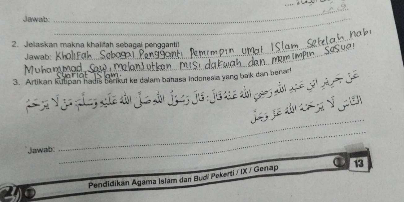 Jawab:_ 
_ 
_ 
2. Jelaskan makna khalifah sebagai pengganti! 
Jawab: 
_ 
_ 
_ 
3. Artikan kutipan hadis berikut ke dalam bahasa Indonesia yang baik dan benar! 
_ 
I E 
Jawab: 
_ 
13 
Pendidikan Agama Islam dan Budi Pekerti / IX / Genap