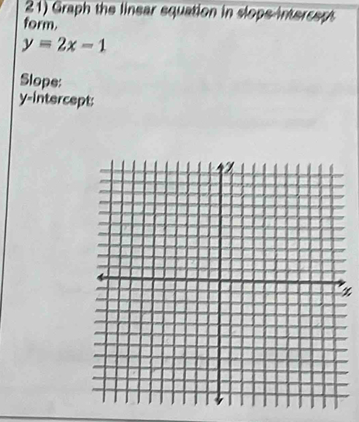 Graph the linear equation in slops intercept 
form.
y=2x-1
Slope: 
y-intercept: