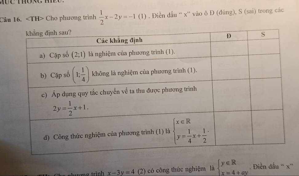 MụC THôNG HIEU.
Câu 16. Cho phương trình  1/2 x-2y=-1 (1) . Điền dấu “ x” vào ô Đ (đúng), S (sai) trong các
ượng trình x-3y=4 (2) có công thức nghiệm là beginarrayl y∈ R x=4+ayendarray.. Điền dấu “ x”