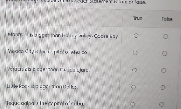 ecide whether each statement is true or false. 
Tegucigalpa is the capital of Cuba.