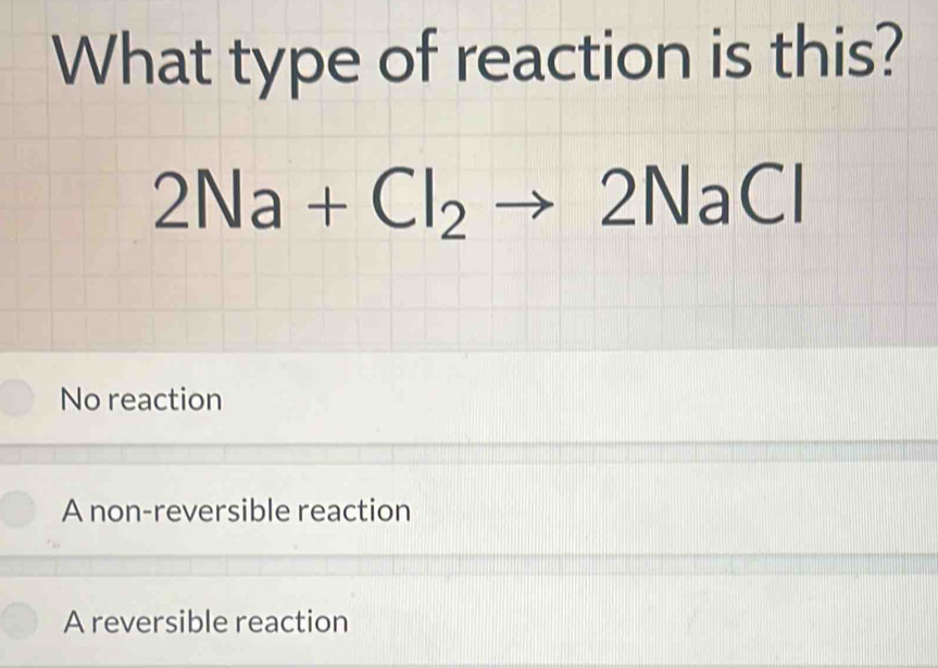 Solved: What type of reaction is this? 2Na+Cl_2to 2NaCl No reaction A ...