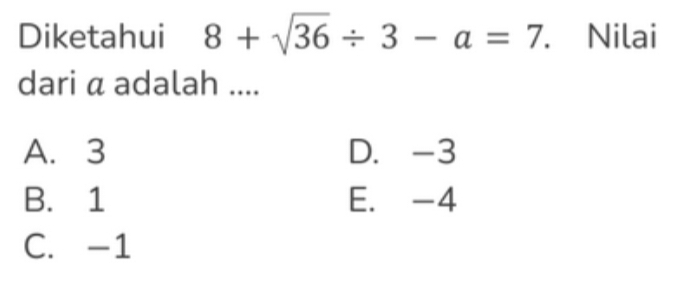 Diketahui 8+sqrt(36)/ 3-a=7. Nilai
dari a adalah ....
A. 3 D. -3
B. 1 E. -4
C. -1