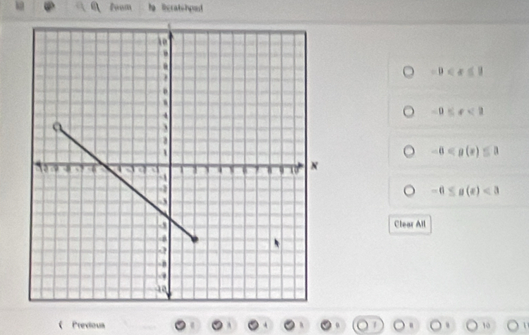 fnom Rcratehped
0
-0≤ x<2</tex>
-0
-0≤ g(x)<3</tex> 
Clear All
( Previous