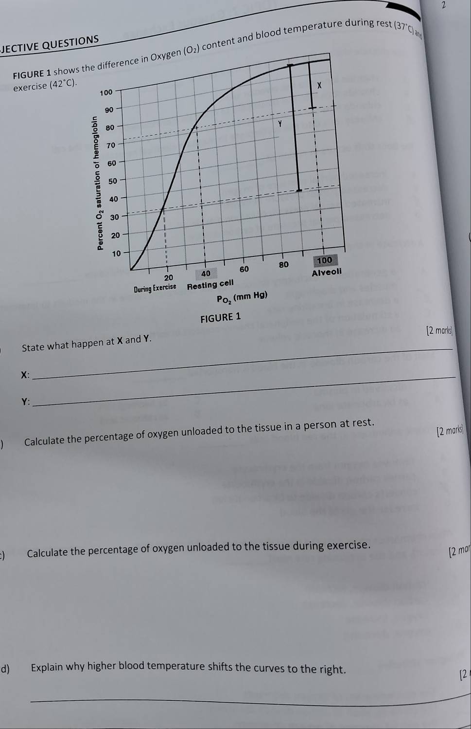 JECTIVE QUESTIONS
FIGURE 1 shows content and blood temperature during rest (37°C) am
exercise (42°C).
[2 marks
State what happen at X and Y.
X:_
Y:
[2 marks|
) Calculate the percentage of oxygen unloaded to the tissue in a person at rest.
c) Calculate the percentage of oxygen unloaded to the tissue during exercise.
[2 mar
d) Explain why higher blood temperature shifts the curves to the right.
[2
_