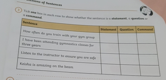 Inctions of Sentences 
3) Tick one box in each row to 
a com