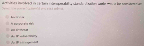 Activities involved in certain interoperability standardization works would be considered as:
Select the correct option(s) and click submit.
An IP risk
A corporate risk
An IP threat
An IP vulnerability
An IP infringement