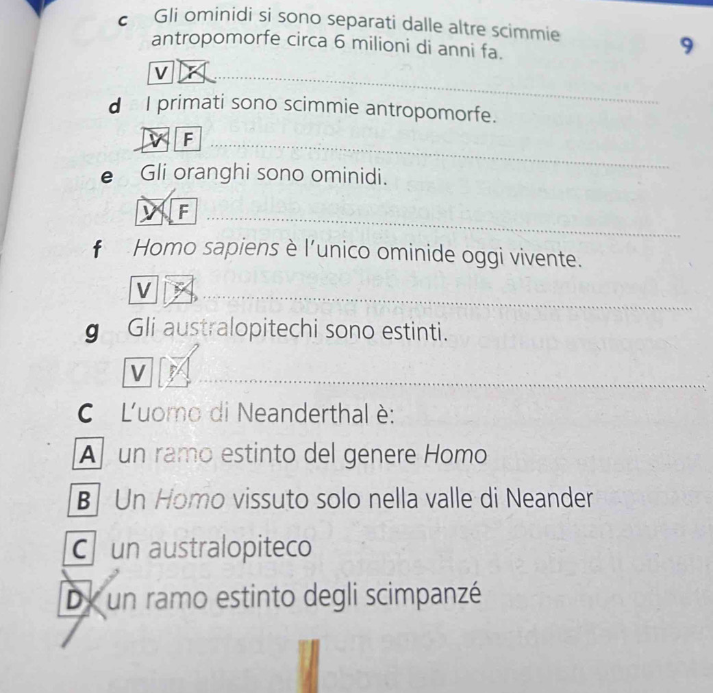 Gli ominidi si sono separati dalle altre scimmie
antropomorfe circa 6 milioni di anni fa.
9
V
d I primati sono scimmie antropomorfe.
F
e Gli oranghi sono ominidi.
F
* Homo sapiens è l'unico ominide oggi vivente.
V
g Gli australopitechi sono estinti.
V
CĽuomo di Neanderthal è:
A un ramo estinto del genere Homo
B Un Homo vissuto solo nella valle di Neander
C un australopiteco
Dy un ramo estinto degli scimpanzé