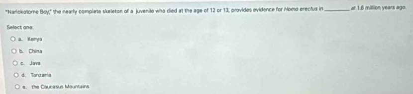 "Nariokotome Boy," the nearly complete skeleton of a juvenile who died at the age of 12 or 13, provides evidence for Homo erectus in_ at 1.6 million years ago.
Select one:
a Kenya
b. China
c. Java
d. Tanzania
e. the Caucasus Mountains