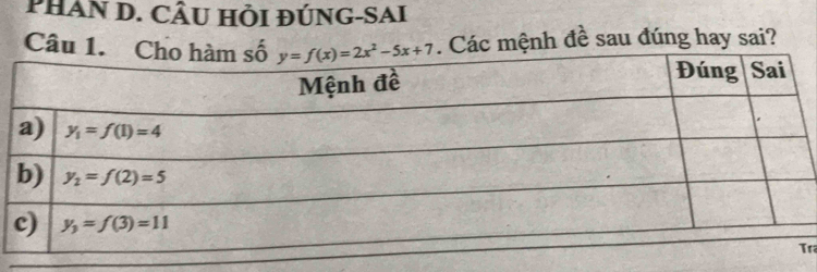 PHAN D. CÂU HỒI ĐÚNG-SAI
Câu 1. . Các mệnh đề sau đúng hay sai?
r