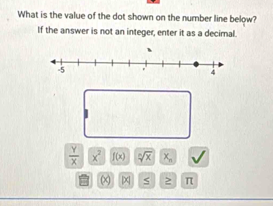 What is the value of the dot shown on the number line below? 
If the answer is not an integer, enter it as a decimal.
 Y/X  x^2 f(x) sqrt[n](x) X_n
an (x) D S ≥ π