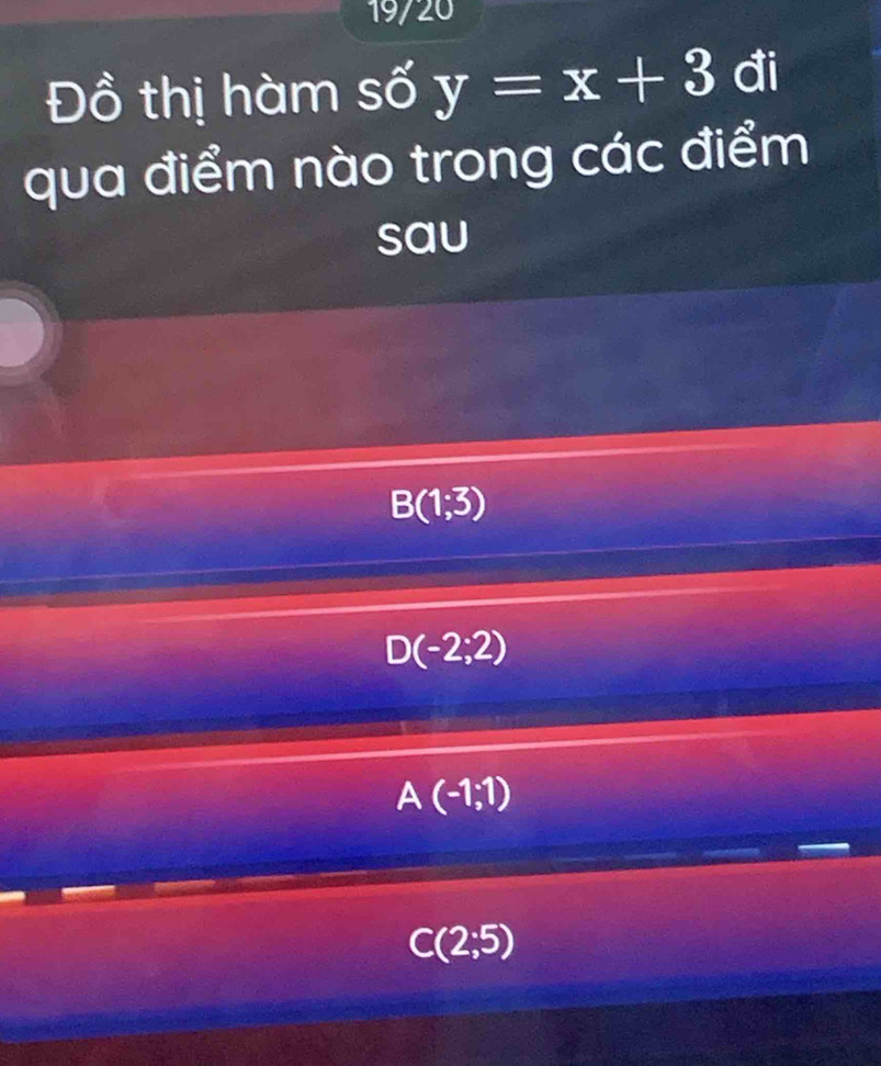 19720
Đồ thị hàm số y=x+3 đi
qua điểm nào trong các điểm
sau
B(1;3)
D(-2;2)
A(-1;1)
C(2;5)