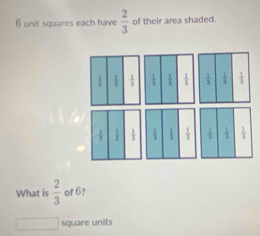 unit squares each have  2/3  of their area shaded.
 1/3   1/3   1/3 
 1/3   1/3   1/3   1/3   1/3   1/3   1/3   1/3   1/3 
What is  2/3  of 6?
square units