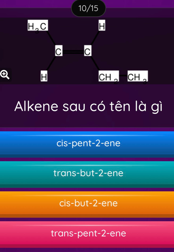 10/15
H_2C
H
C C
H
CH_2 _ CH_2
Alkene sau có tên là gì
cis-pent -2 -ene
trans-but -2 -ene
cis-but -2 -ene
trans-pent -2 -ene