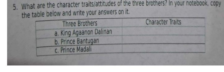 What are the character traits/attitudes of the three brothers? In your notebook, copy 
table below and write your answers on it.