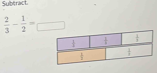 Subtract.
 2/3 - 1/2 = □ /□  