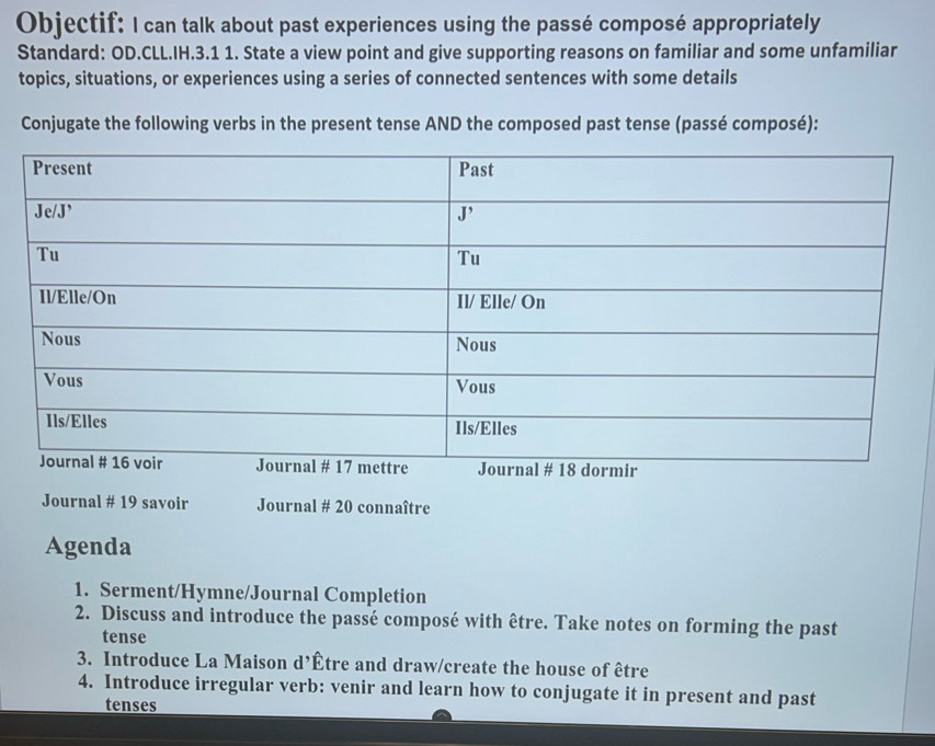 Objectif: I can talk about past experiences using the passé composé appropriately 
Standard: OD.CLL.IH.3.1 1. State a view point and give supporting reasons on familiar and some unfamiliar 
topics, situations, or experiences using a series of connected sentences with some details 
Conjugate the following verbs in the present tense AND the composed past tense (passé composé): 
Journal # 19 savoir Journal # 20 connaître 
Agenda 
1. Serment/Hymne/Journal Completion 
2. Discuss and introduce the passé composé with être. Take notes on forming the past 
tense 
3. Introduce La Maison d’Être and draw/create the house of être 
4. Introduce irregular verb: venir and learn how to conjugate it in present and past 
tenses