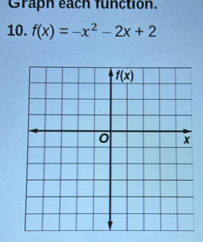 Graph each function.
10. f(x)=-x^2-2x+2