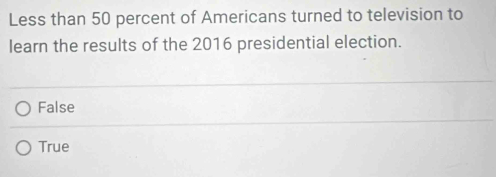 Less than 50 percent of Americans turned to television to
learn the results of the 2016 presidential election.
False
True