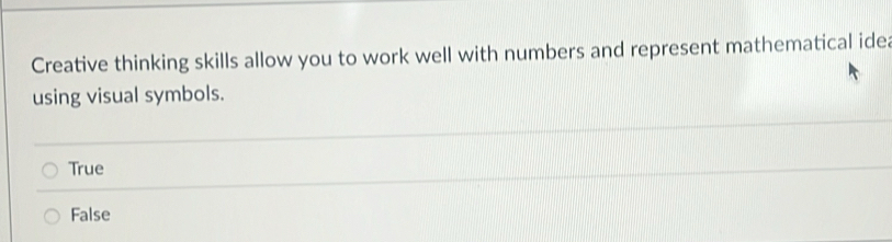 Creative thinking skills allow you to work well with numbers and represent mathematical idea
using visual symbols.
True
False