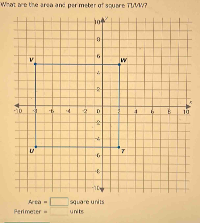 What are the area and perimeter of square TUVW?
×
( erimeter =□ units