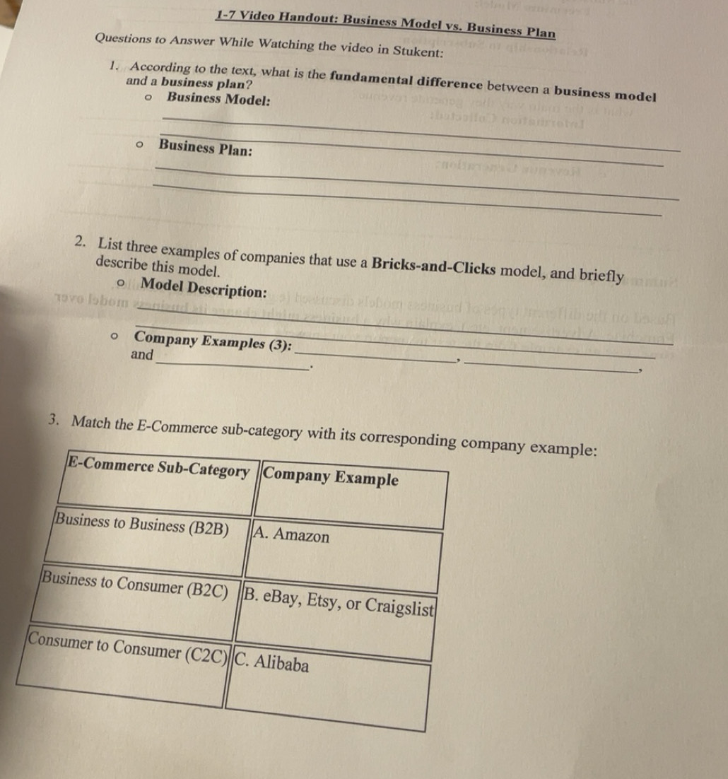 Solved: 1-7 Video Handout: Business Model vs. Business Plan Questions ...