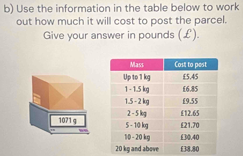 Use the information in the table below to work 
out how much it will cost to post the parcel. 
Give your answer in pounds (£).