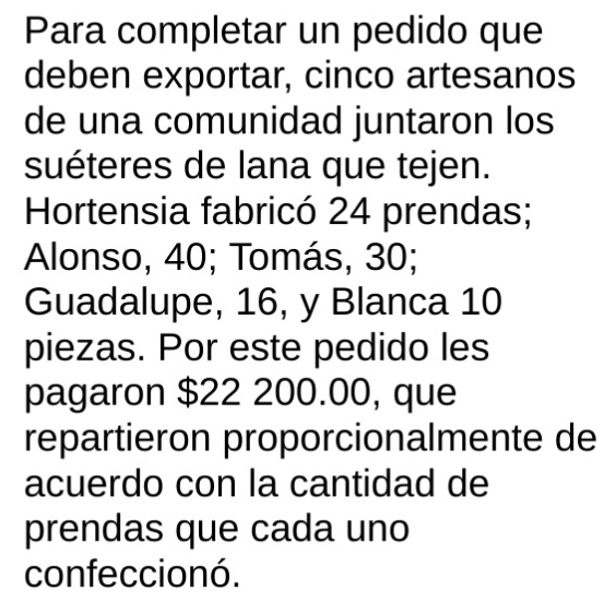 Para completar un pedido que 
deben exportar, cinco artesanos 
de una comunidad juntaron los 
suéteres de lana que tejen. 
Hortensia fabricó 24 prendas; 
Alonso, 40; Tomás, 30; 
Guadalupe, 16, y Blanca 10
piezas. Por este pedido les 
pagaron $22 200.00, que 
repartieron proporcionalmente de 
acuerdo con la cantidad de 
prendas que cada uno 
confeccionó.