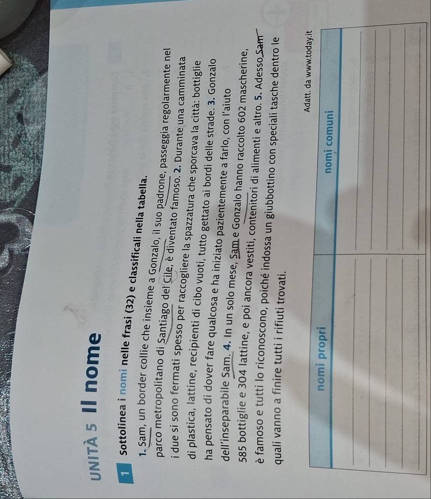 Unità 5 Il nome 
Sottolinea i nomi nelle frasi (32) e classificali nella tabella. 
1. Sam, un border collie che insieme a Gonzalo, il suo padrone, passeggia regolarmente nel 
parco metropolitano di Santiago del Cile, è diventato famoso. 2. Durante una camminata 
i due si sono fermati spesso per raccogliere la spazzatura che sporcava la città: bottiglie 
di plastica, lattine, recipienti di cibo vuoti, tutto gettato ai bordi delle strade. 3. Gonzalo 
ha pensato di dover fare qualcosa e ha iniziato pazientemente a farlo, con l’aiuto 
dell’inseparabile Sam. 4. In un solo mese, Sam e Gonzalo hanno raccolto 602 mascherine,
585 bottiglie e 304 lattine, e poi ancora vestiti, contenitori di alimenti e altro. 5. Adesso Sam 
è famoso e tutti lo riconoscono, poiché indossa un giubbottino con speciali tasche dentro le 
quali vanno a finire tutti i rifiuti trovati.