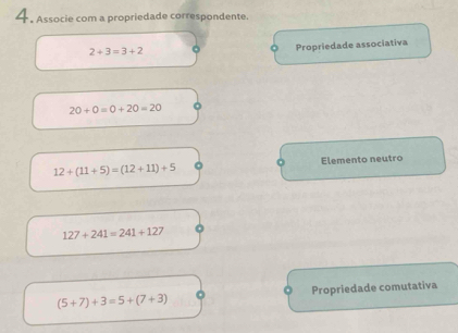 Associe com a propriedade correspondente.
2+3=3+2
Propriedade associativa
20+0=0+20=20
12+(11+5)=(12+11)+5 Elemento neutro
127+241=241+127
(5+7)+3=5+(7+3) Propriedade comutativa