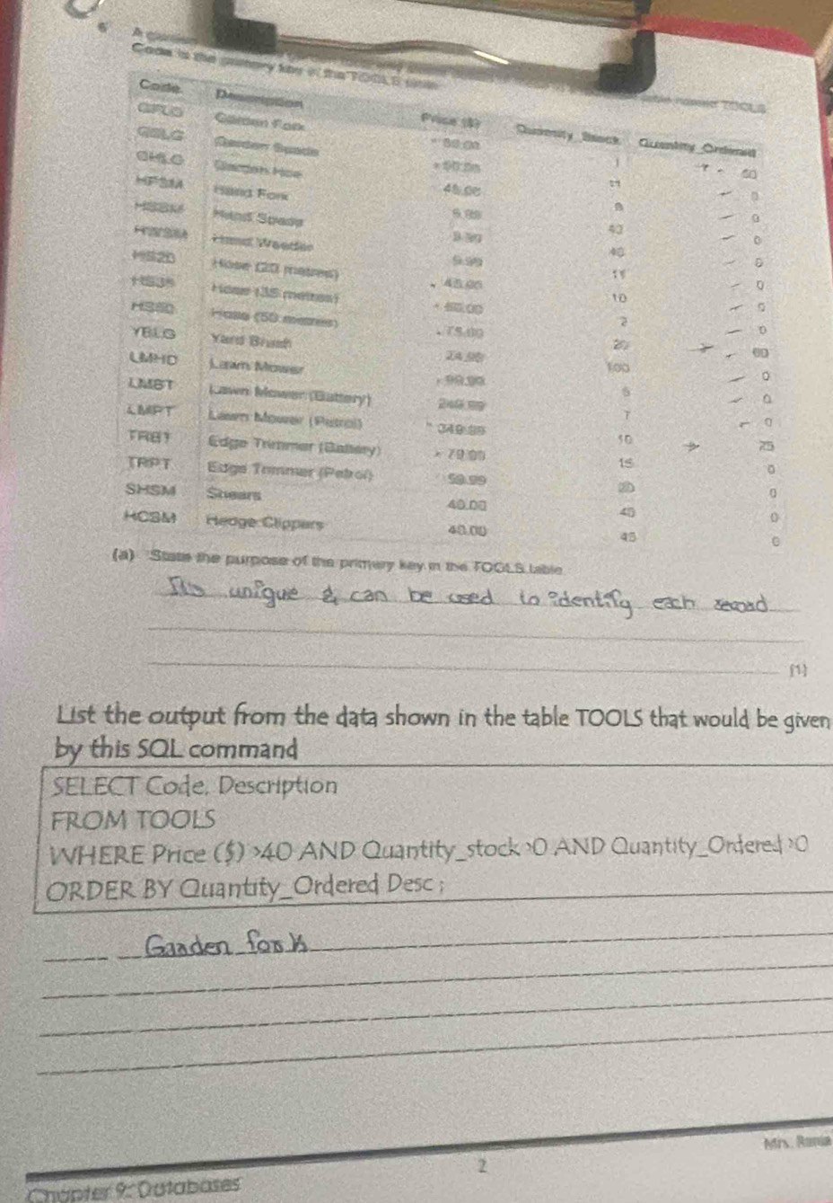 Cade is the 
in the TOGLS lable 
_ 
_ 
_ 
[1] 
List the output from the data shown in the table TOOLS that would be given 
by this SQL command 
_ 
SELECT Code, Description 
FROM TOOLS 
WHERE Price ($) 40 AND Quantity_stock 0 AND Quantity_Ordered 0
ORDER BY Quantity_Ordered Desc ;_ 
_ 
_ 
_ 
_ 
_ 
Mrs. Rania 
2 
Chapter 9: Outabases