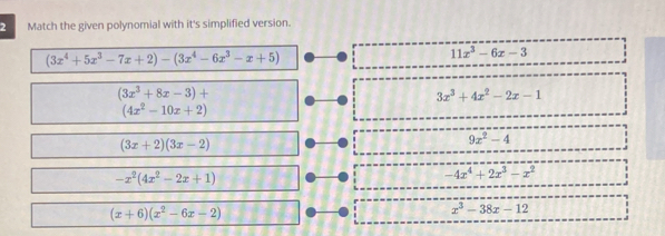 Match the given polynomial with it's simplified version.
(3x^4+5x^3-7x+2)-(3x^4-6x^3-x+5)
11x^3-6x-3
(3x^3+8x-3)+
3x^3+4x^2-2x-1
(4x^2-10x+2)
(3x+2)(3x-2)
9x^2-4
-x^2(4x^2-2x+1)
-4x^4+2x^3-x^2
(x+6)(x^2-6x-2)
x^3-38x-12