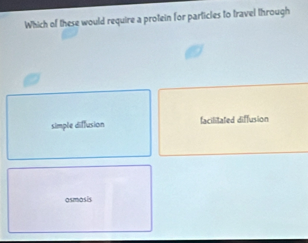 Which of these would require a protein for particles to travel through
simple diffusion facilitated diffusion
osmosis