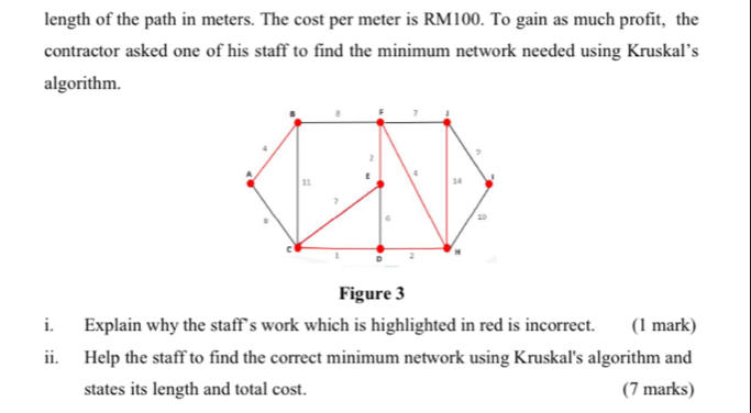 length of the path in meters. The cost per meter is RM100. To gain as much profit, the 
contractor asked one of his staff to find the minimum network needed using Kruskal’s 
algorithm. 
Figure 3 
i. Explain why the staff’s work which is highlighted in red is incorrect. (1 mark) 
ii. Help the staff to find the correct minimum network using Kruskal's algorithm and 
states its length and total cost. (7 marks)