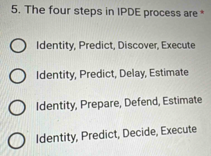 The four steps in IPDE process are *
Identity, Predict, Discover, Execute
Identity, Predict, Delay, Estimate
Identity, Prepare, Defend, Estimate
Identity, Predict, Decide, Execute