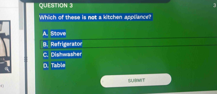 Which of these is not a kitchen appliance?
A. Stove
B. Refrigerator
C. Dishwasher
D. Table
SUBMIT
t)