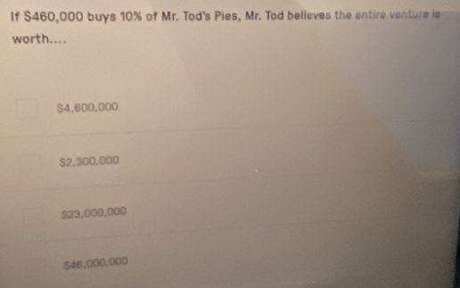 Solved: If $460,000 buys 10% of Mr. Tod's Pies, Mr. Tod believes the ...