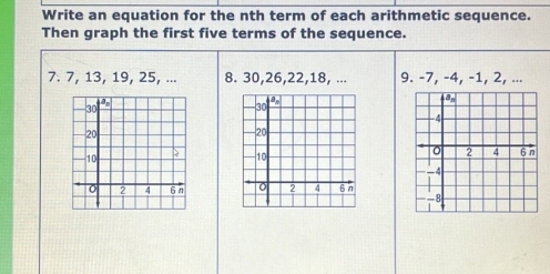 Write an equation for the nth term of each arithmetic sequence. 
Then graph the first five terms of the sequence. 
7. 7, 13, 19, 25, ... 8. 30, 26, 22, 18, ... 9. -7, -4, -1, 2, ...