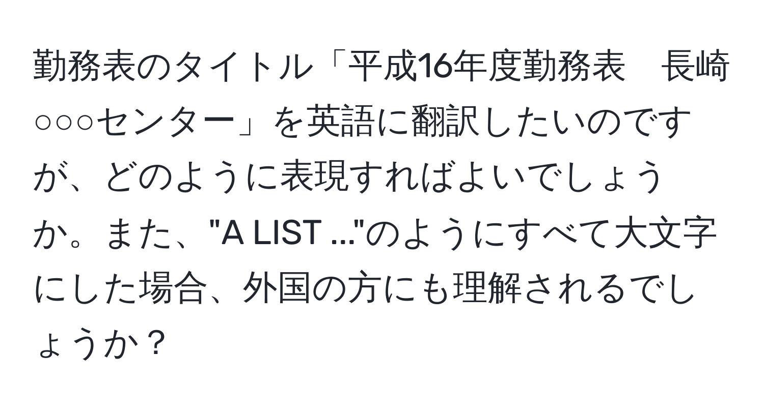 勤務表のタイトル「平成16年度勤務表　長崎○○○センター」を英語に翻訳したいのですが、どのように表現すればよいでしょうか。また、"A LIST ..."のようにすべて大文字にした場合、外国の方にも理解されるでしょうか？