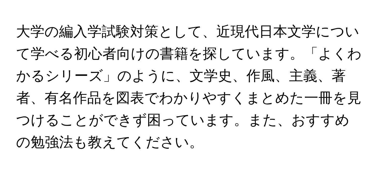 大学の編入学試験対策として、近現代日本文学について学べる初心者向けの書籍を探しています。「よくわかるシリーズ」のように、文学史、作風、主義、著者、有名作品を図表でわかりやすくまとめた一冊を見つけることができず困っています。また、おすすめの勉強法も教えてください。