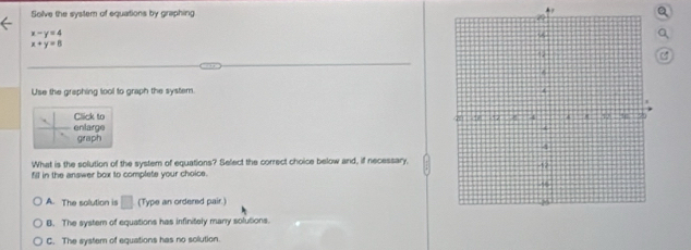 Solve the system of equations by graphing
a
x-y=4
a
x+y=8
Use the graphing tool to graph the system
Click to 
enlarge
graph
What is the solution of the system of equations? Select the correct choice below and, if necessary,
fill in the answer box to complete your choice.
A. The solution is □ (Type an ordered pair.)
B. The system of equations has infinitely many solutions.
C. The system of equations has no solution.