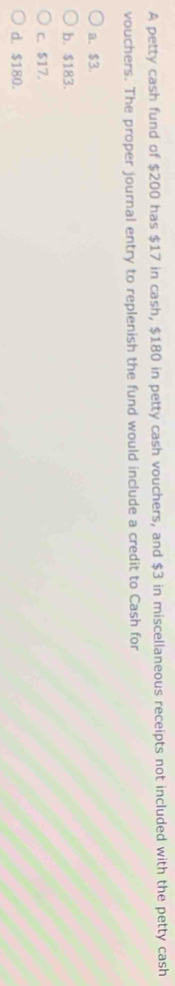 A petty cash fund of $200 has $17 in cash, $180 in petty cash vouchers, and $3 in miscellaneous receipts not included with the petty cash
vouchers. The proper journal entry to replenish the fund would include a credit to Cash for
a. $3.
b. $183.
c. $17.
d. $180.