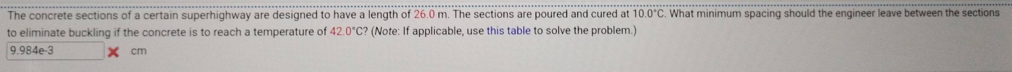 The concrete sections of a certain superhighway are designed to have a length of 26.0 m. The sections are poured and cured at 10.0°C. What minimum spacing should the engineer leave between the sections 
to eliminate buckling if the concrete is to reach a temperature of 42.0°C? (Note: If applicable, use this table to solve the problem.)
9.984e-3 cm