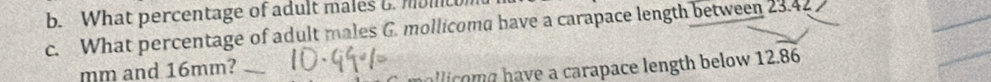 What percentage of adult males t. mot 
c. What percentage of adult males G. mollicoma have a carapace length between 23.42
mm and 16mm?_ 
ic m a ve carapace length below . 12.overline 86