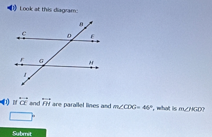 Look at this diagram: 
If overleftrightarrow CE and overleftrightarrow FH are parallel lines and m∠ CDG=46° , what is m∠ HGD ?
□°
Submit