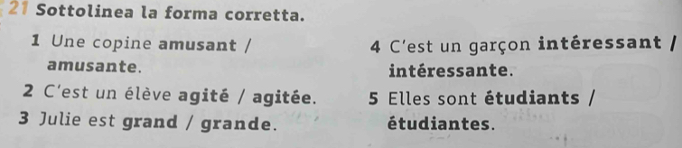 Sottolinea la forma corretta. 
1 Une copine amusant / 4 C'est un garçon intéressant / 
amusante. intéressante. 
2 C'est un élève agité / agitée. 5 Elles sont étudiants 
3 Julie est grand / grande. étudiantes.