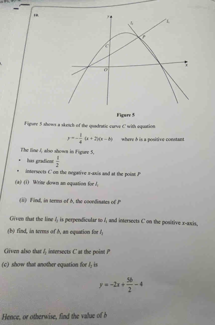 Figure 5 
Figure 5 shows a sketch of the quadratic curve C with equation
y=- 1/4 (x+2)(x-b) where b is a positive constant 
The line / also shown in Figure 5, 
has gradient  1/2 
intersects C on the negative x-axis and at the point P
(a) (i) Write down an equation for l_1
(ii) Find, in terms of b, the coordinates of P
Given that the line l_2 is perpendicular to l_1 and intersects C on the positive x-axis, 
(b) find, in terms of b, an equation for l_2
Given also that l_2 intersects C at the point P
(c) show that another equation for l_2 is
y=-2x+ 5b/2 -4
Hence, or otherwise, find the value of b