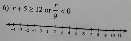 r+5≥ 12 or  r/9 <0</tex>
-4 -3 -2 -1 0 1 2 3 4 5 6 7 8 9 10 11