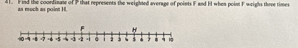 Find the coordinate of P that represents the weighted average of points F and H when point F weighs three times 
as much as point H.